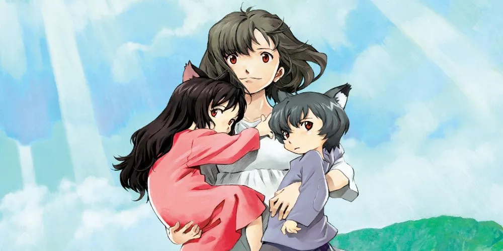 Ame và Yuki ở dạng người và sói trong anime Wolf Children