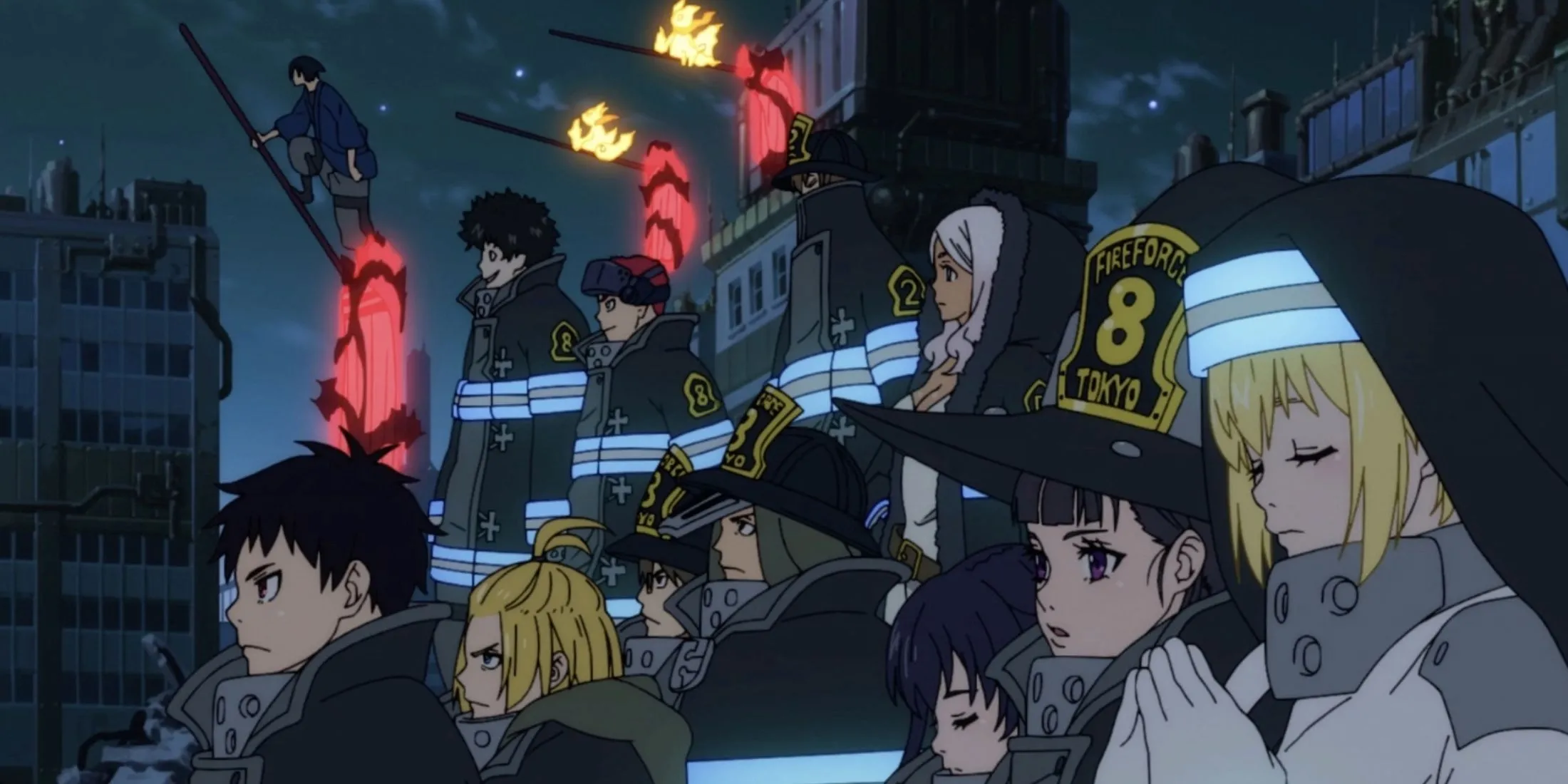 Ảnh bìa anime Fire Force Mùa 3 với Shinra Kusakabe và các thành viên Đội 8