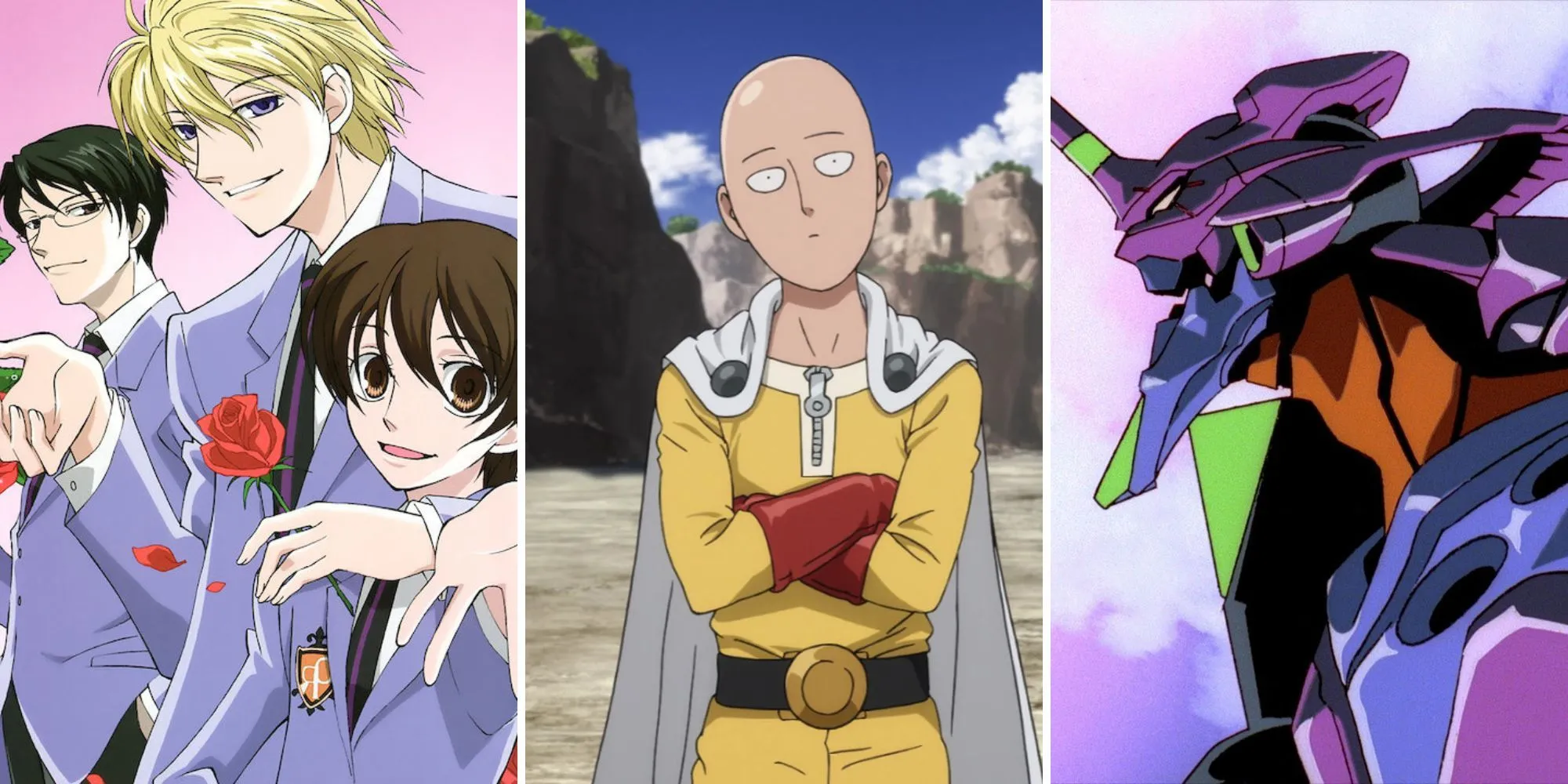 Ảnh ghép các anime lồng tiếng tiếng Anh nổi bật (Ouran High School Host Club, One-Punch Man, Neon Genesis Evangelion)