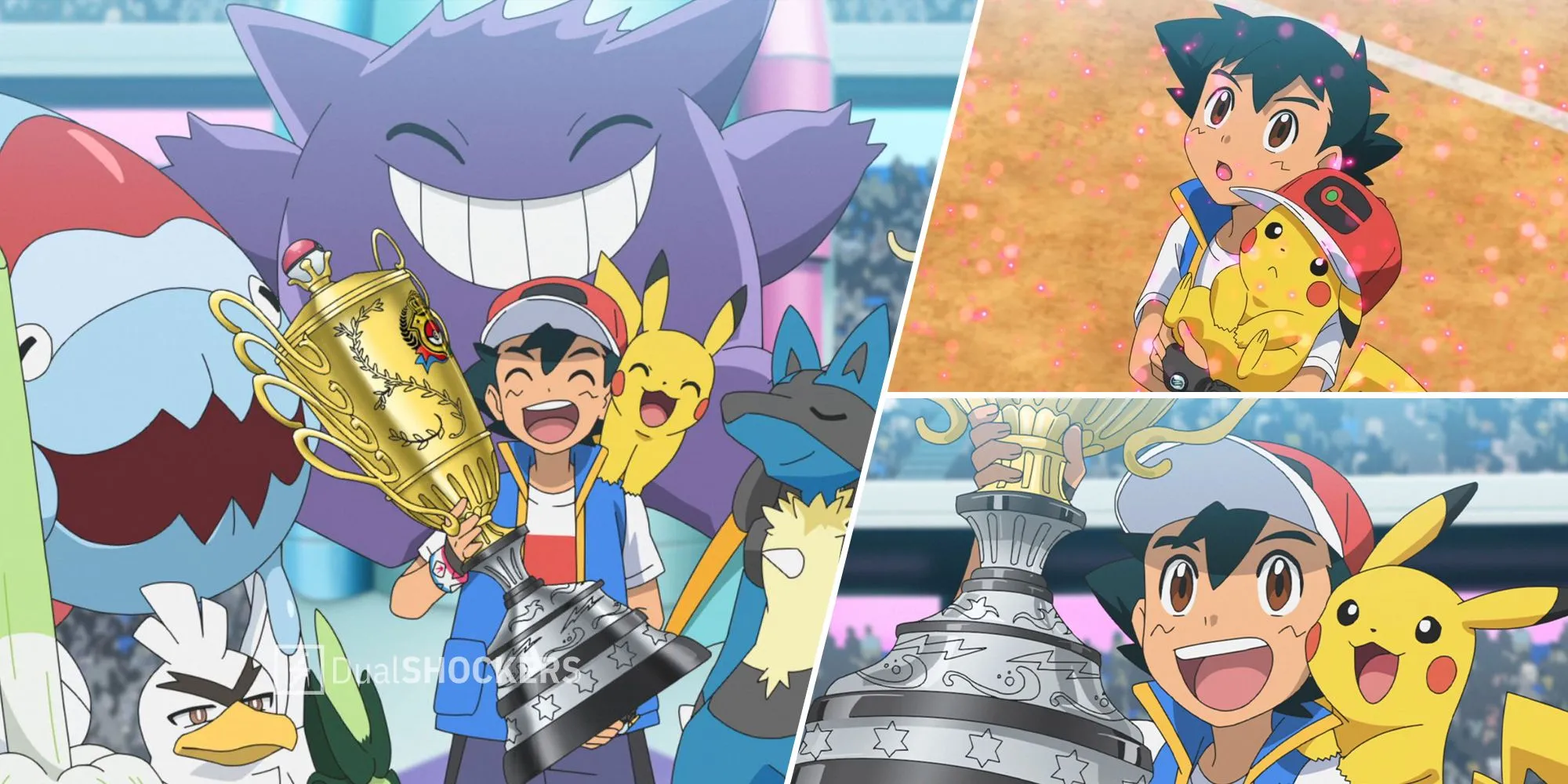 Ash Ketchum cùng các Pokemon của mình ăn mừng chức vô địch thế giới