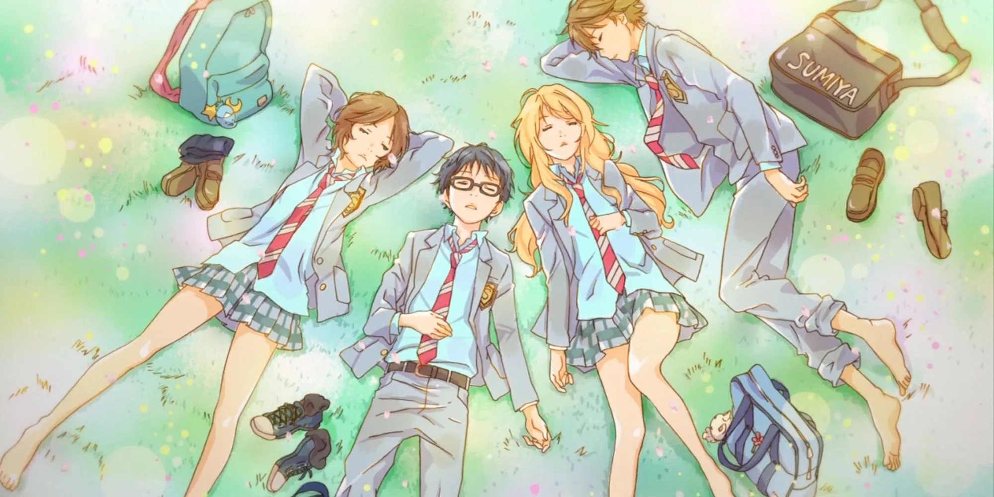 Ba nhân vật chính từ Your Lie in April: Kaori Miyazono chơi violin, Kousei Arima chơi piano và Tsubaki Sawabe