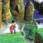 Cậu bé Pazu và cô gái Sheeta bay trên chiếc khí cầu hướng về Laputa trong phim Lâu đài trên không của Studio Ghibli
