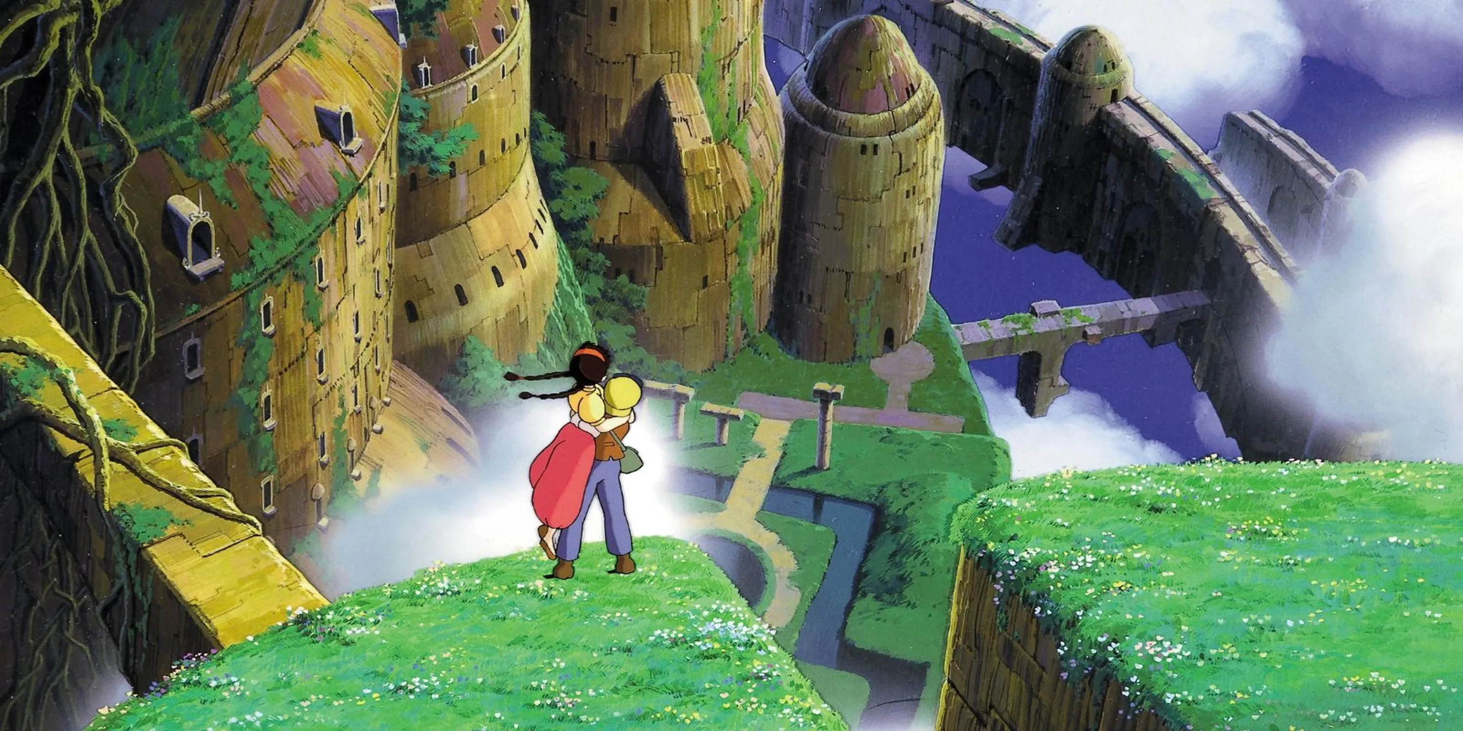 Cậu bé Pazu và cô gái Sheeta bay trên chiếc khí cầu hướng về Laputa trong phim Lâu đài trên không của Studio Ghibli