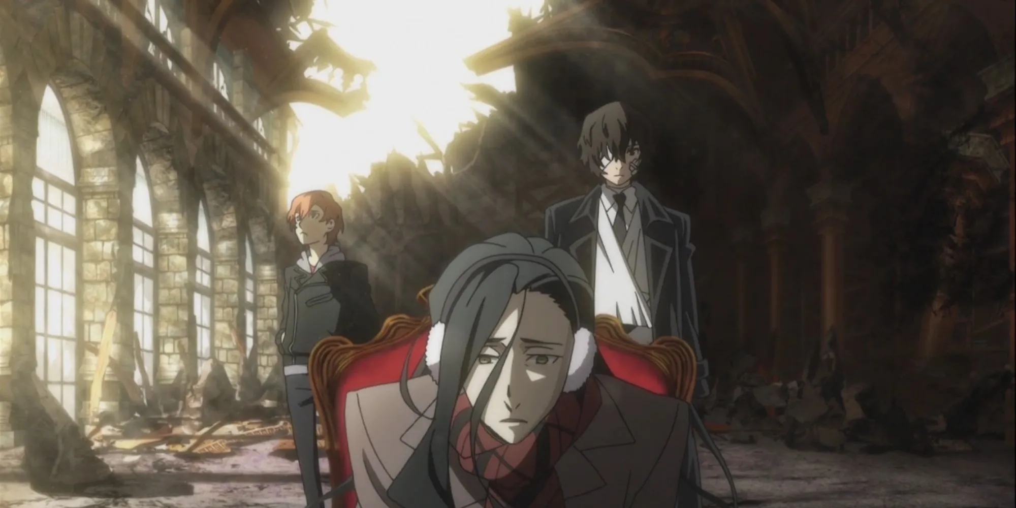 Chuuya Nakahara và Osamu Dazai từ Port Mafia trong một cảnh chiến đấu đầy kỹ năng siêu nhiên trong Bungo Stray Dogs.