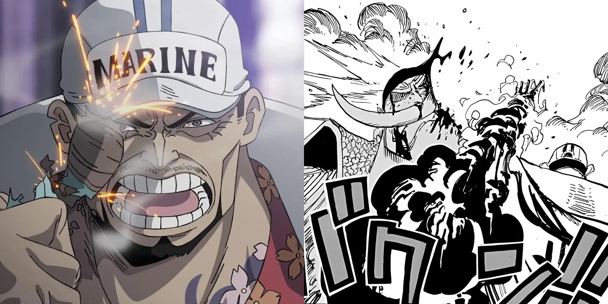 Đòn Meigo của Akainu xuyên thủng cơ thể Râu Trắng tại Marineford