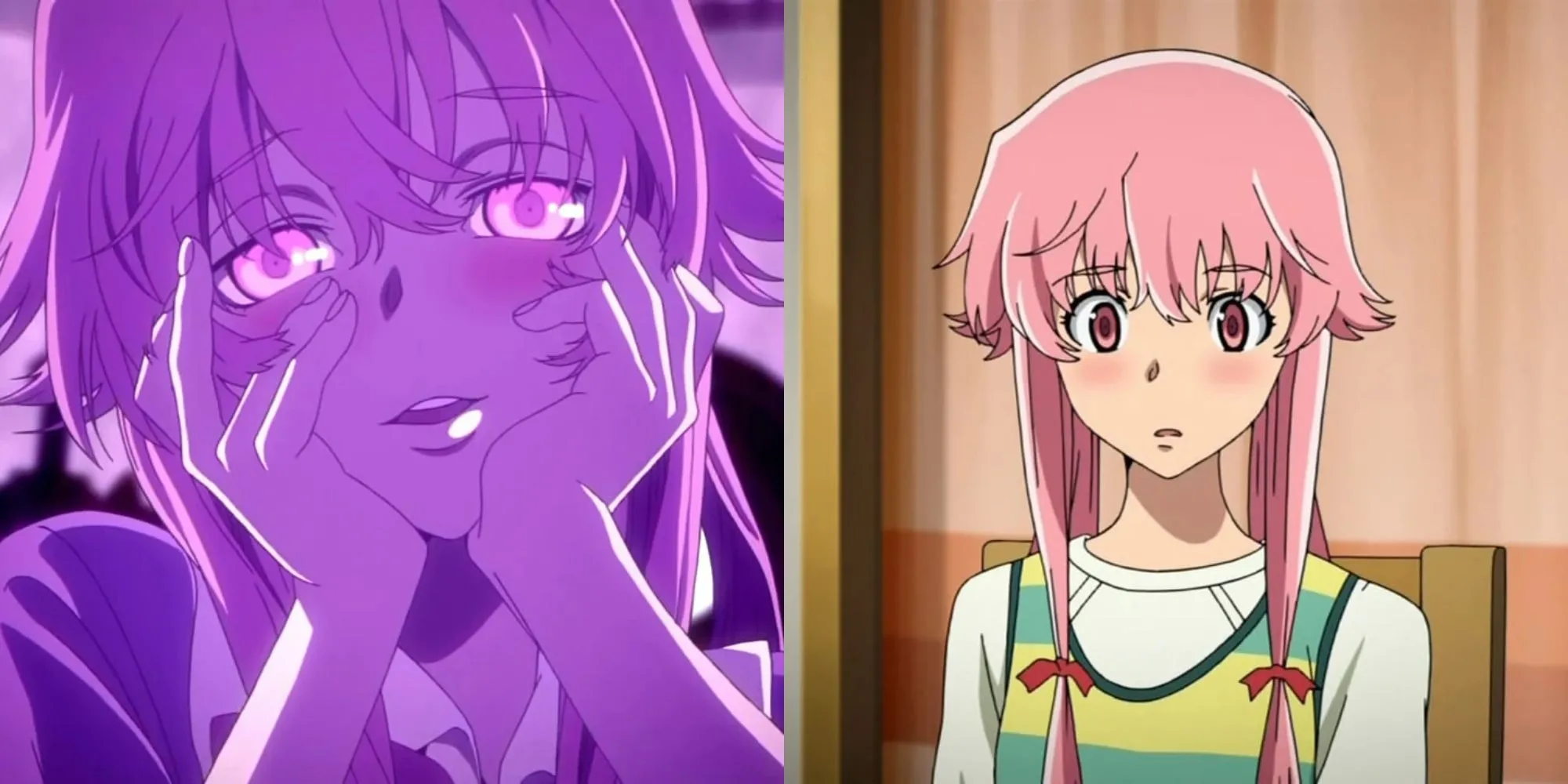Gasai Yuno từ Future Diary với mái tóc hồng và biểu cảm đáng sợ