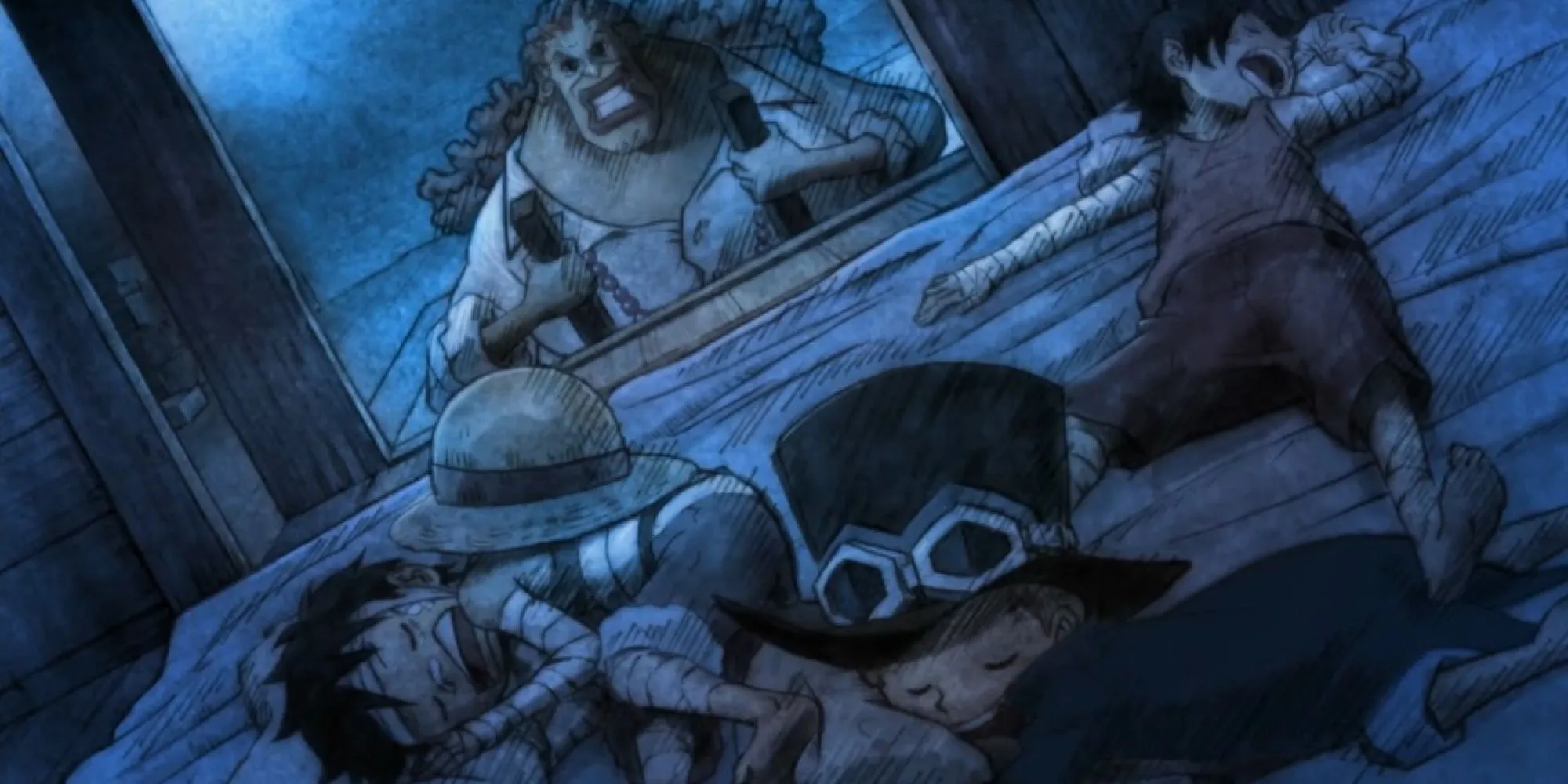Gia đình Dadan cùng ba anh em Luffy, Ace, Sabo thời thơ ấu trong One Piece