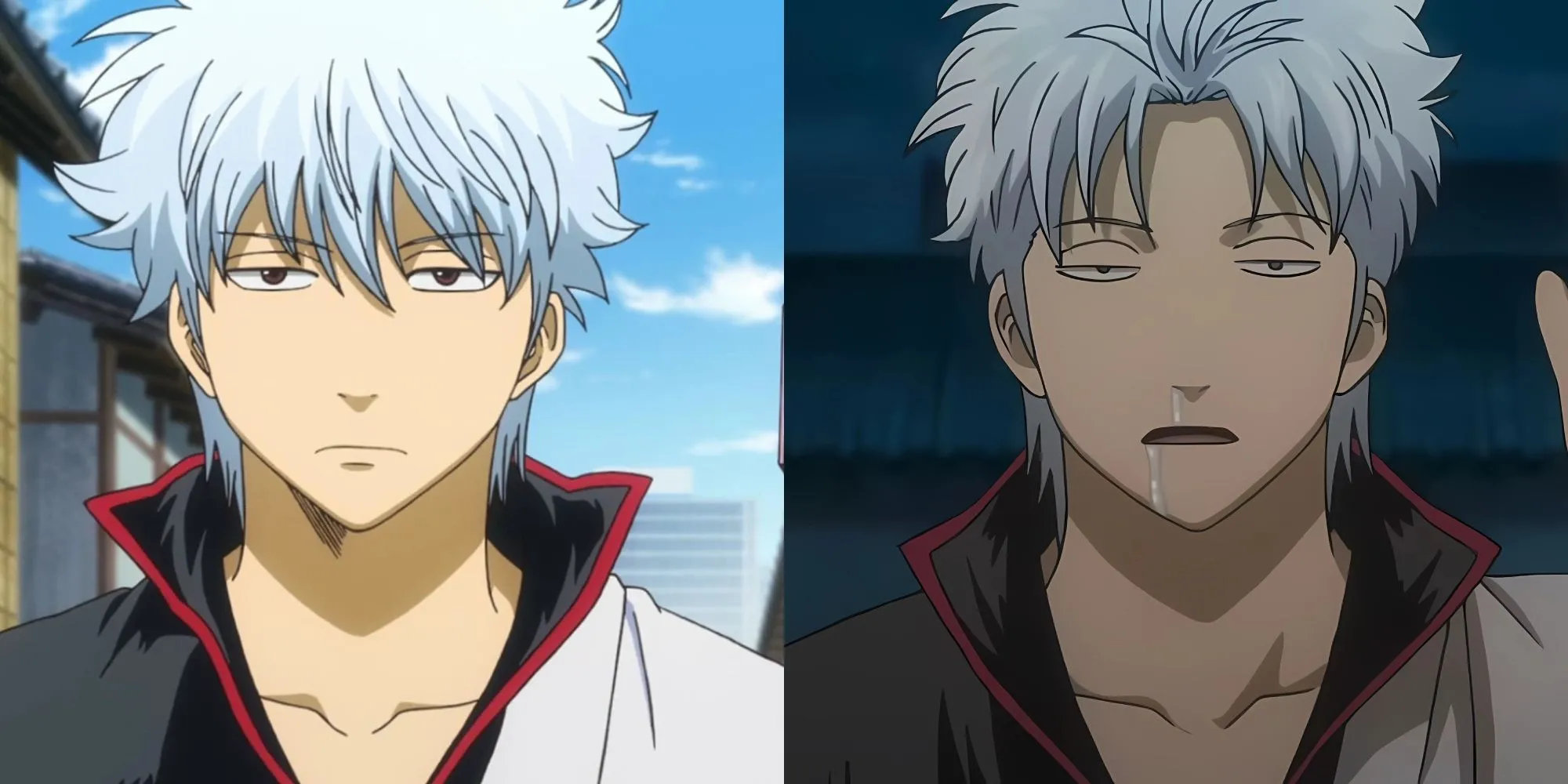Gintoki Sakata trong trang phục samurai lười nhác với thanh kiếm gỗ trong Gintama