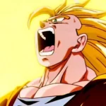 Goku biến hình Super Saiyan 3 với ánh hào quang và sấm sét, sẵn sàng đối đầu Majin Buu trong Dragon Ball Z.