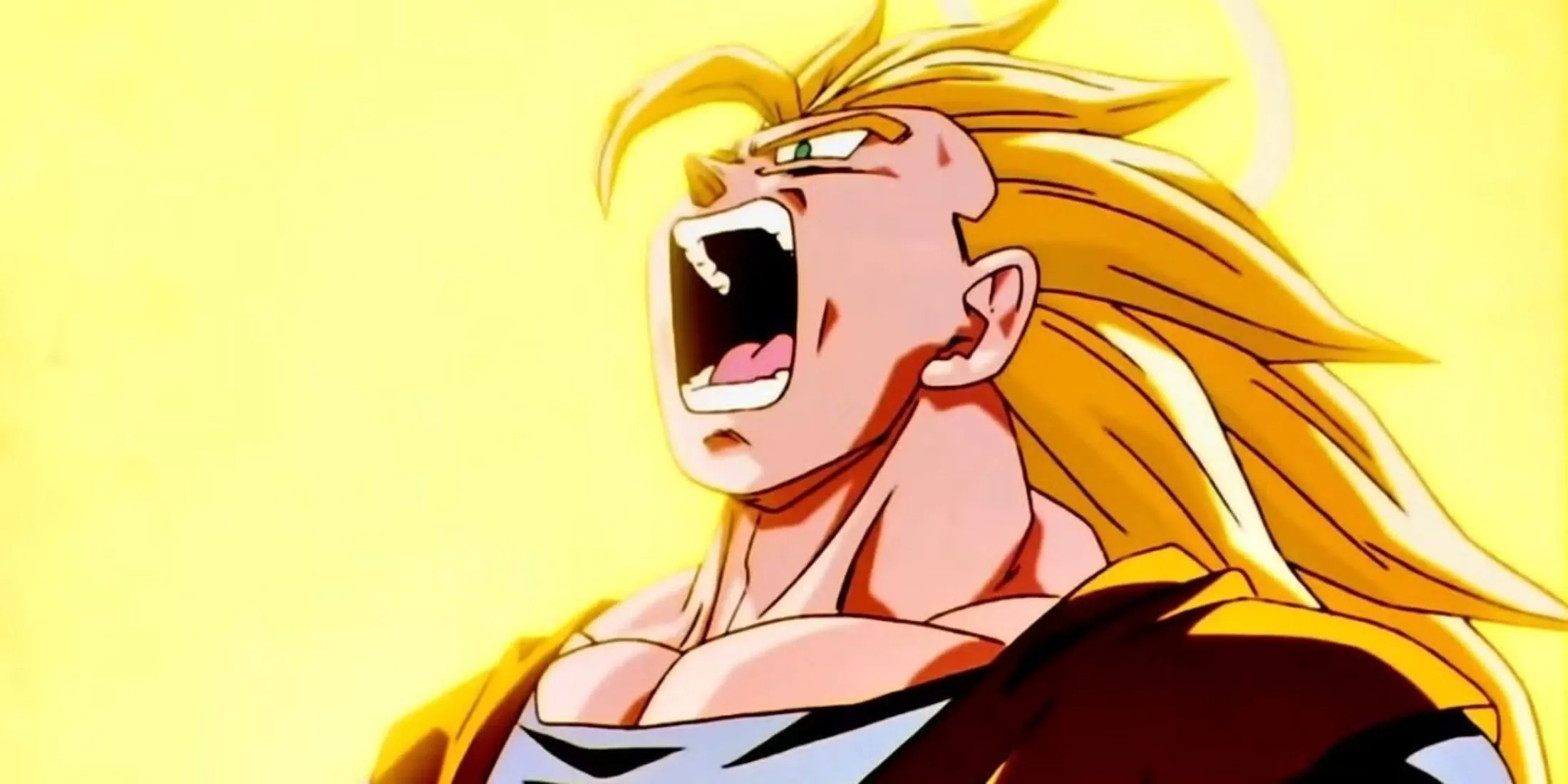 Goku biến hình Super Saiyan 3 với ánh hào quang và sấm sét, sẵn sàng đối đầu Majin Buu trong Dragon Ball Z.