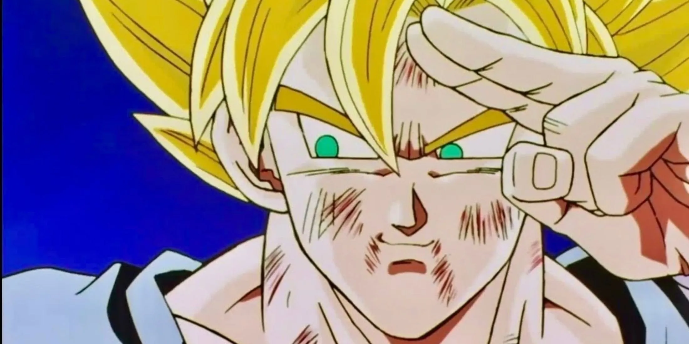 Goku giơ tay lên cao tập trung Khí Cầu Genki để tiêu diệt Kid Buu, biểu cảm quyết tâm xen lẫn hy vọng.