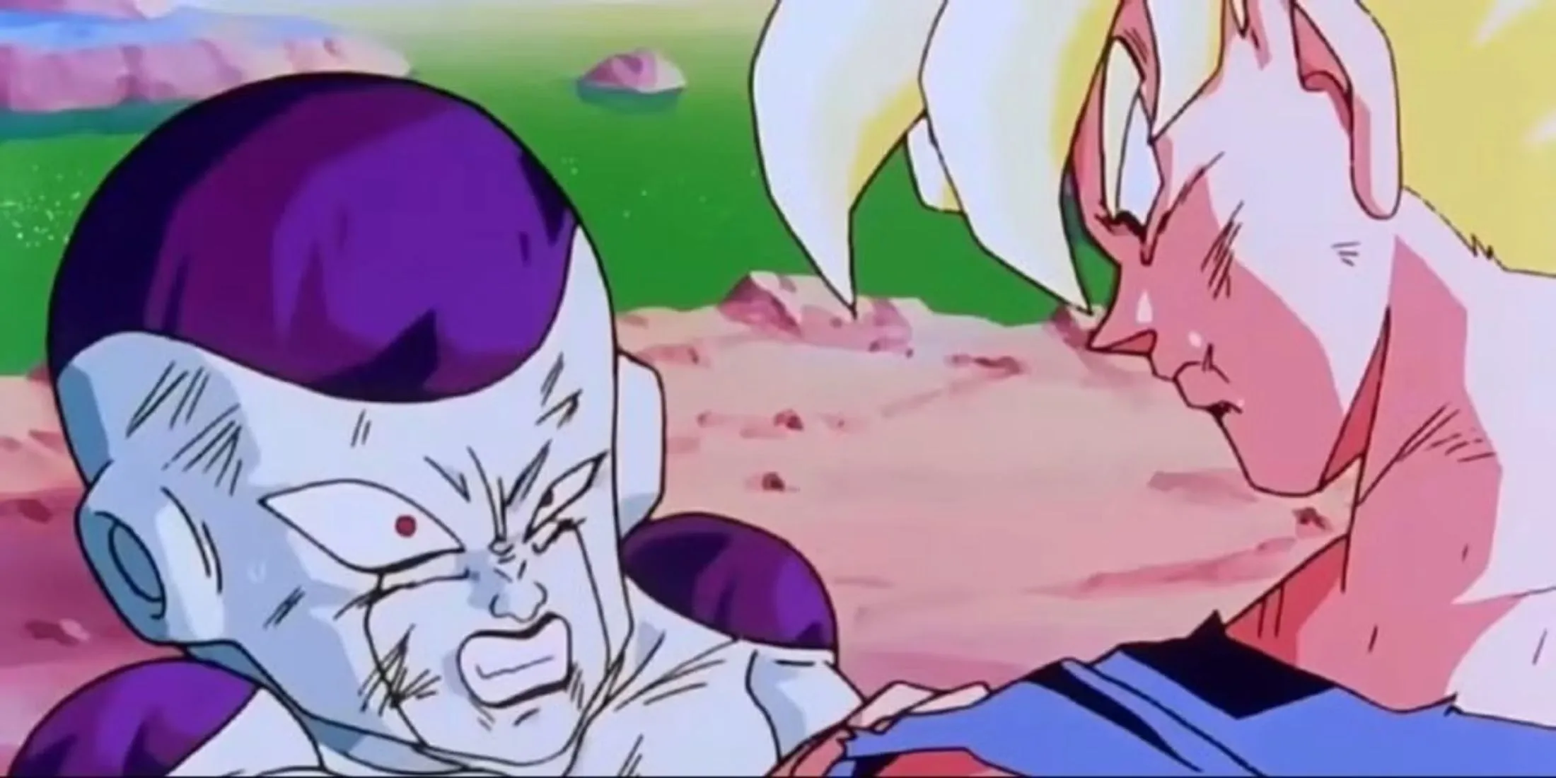 Goku lần đầu biến hình Super Saiyan đối mặt với Frieza trên hành tinh Namek, ánh mắt đầy giận dữ.
