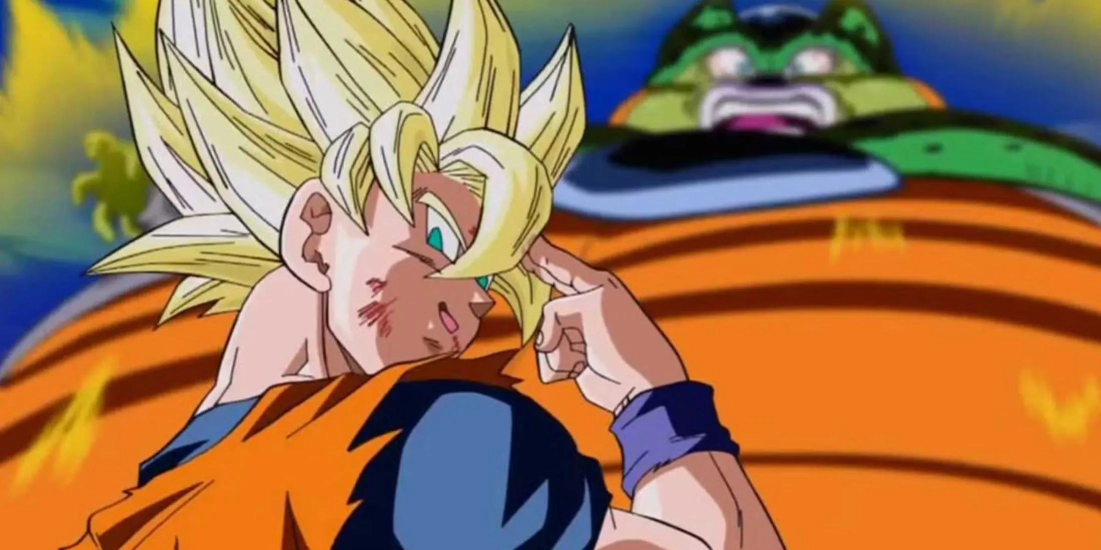 Goku ôm chặt Cell trước khi dịch chuyển tức thời để cứu Trái Đất trong Dragon Ball Z.