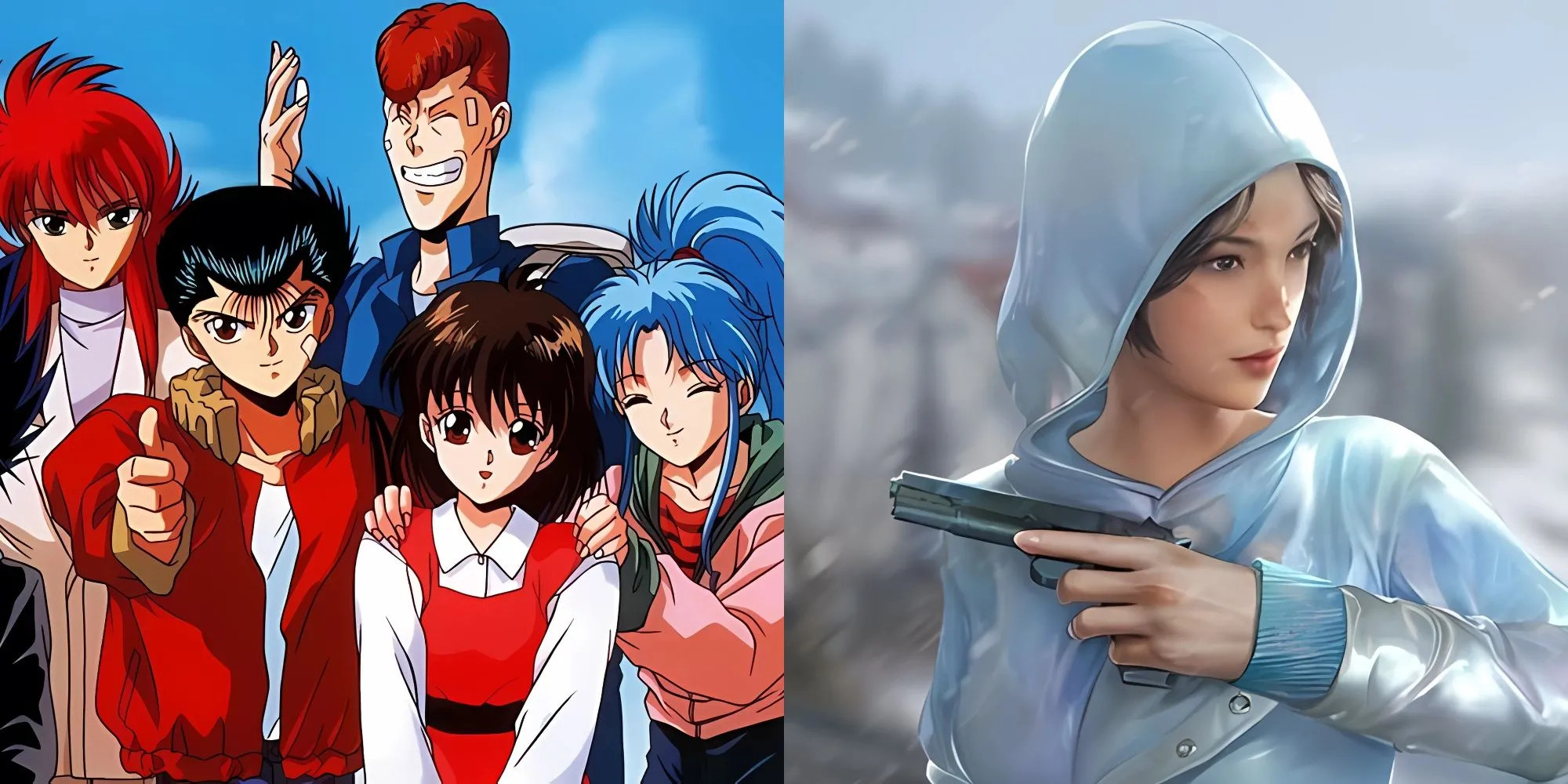 Hình ảnh minh họa tên game 'SpiritGunner' với biểu tượng Linh Quang Pháo của Yu Yu Hakusho và bối cảnh PUBG