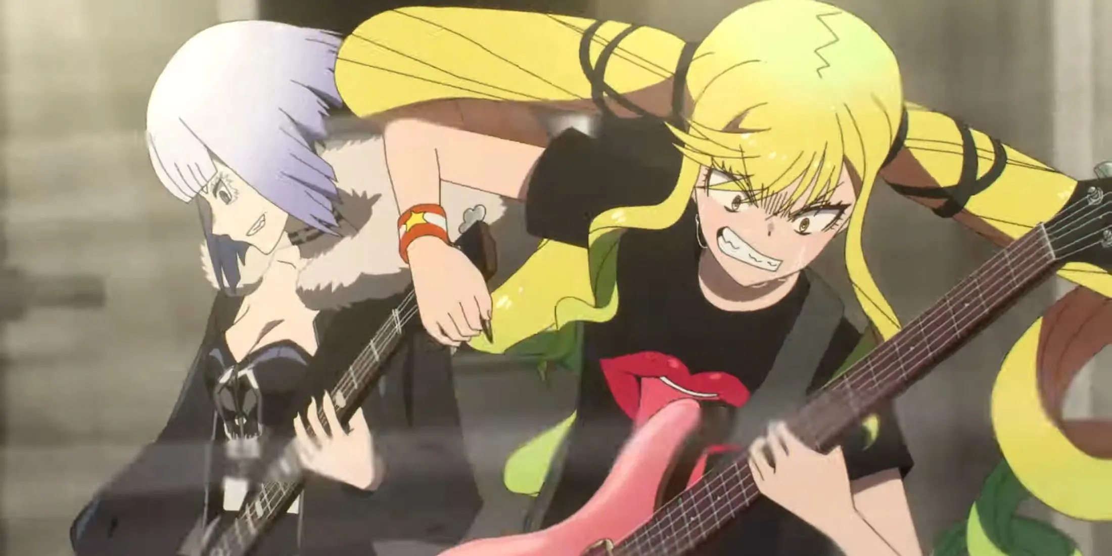 Hình ảnh nữ chính Lilisa Suzunomiya trong anime Rock Is A Lady's Modesty đang chơi đàn guitar