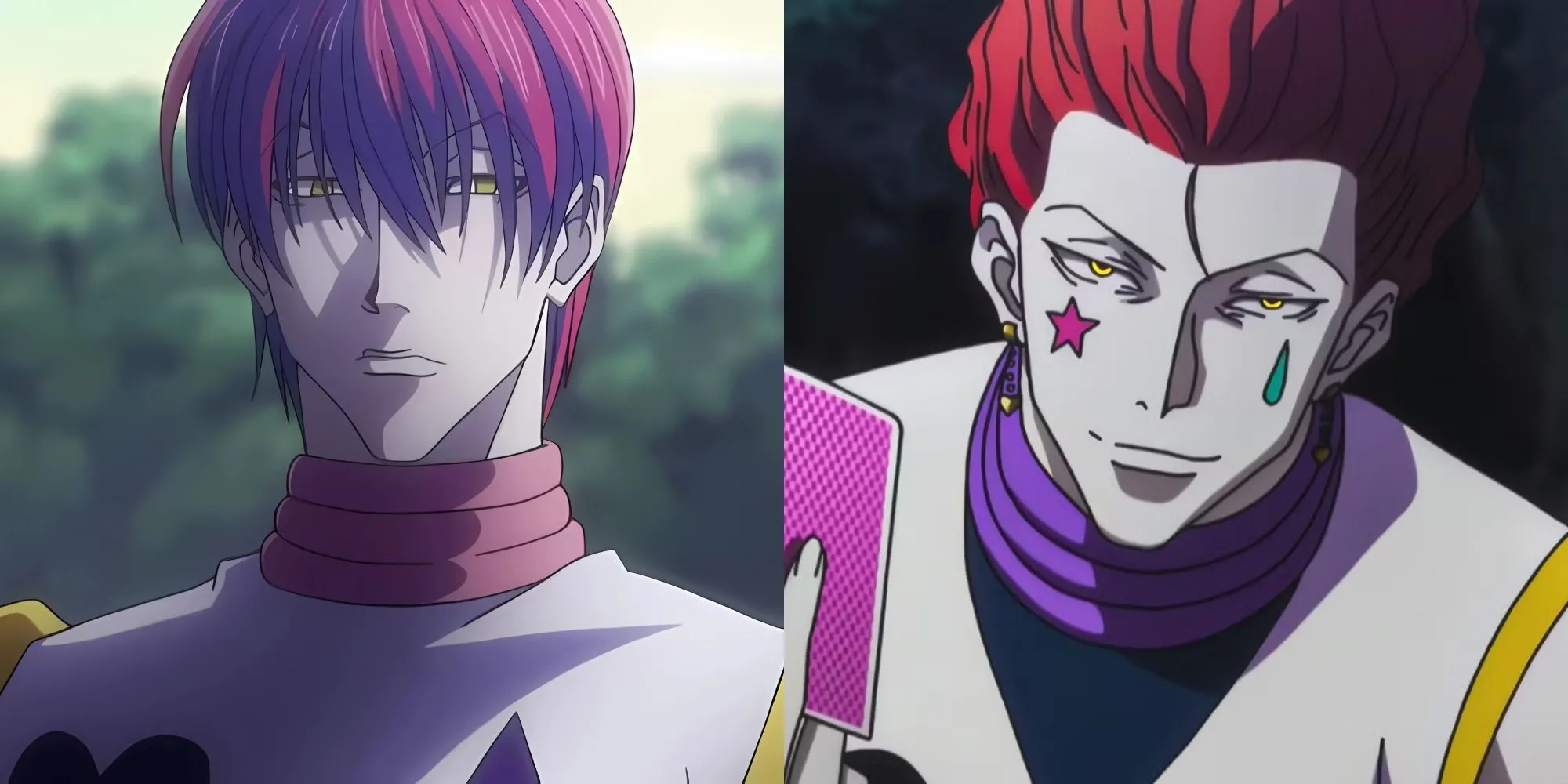 Hisoka Morow trong Hunter x Hunter với nụ cười quái dị và lá bài