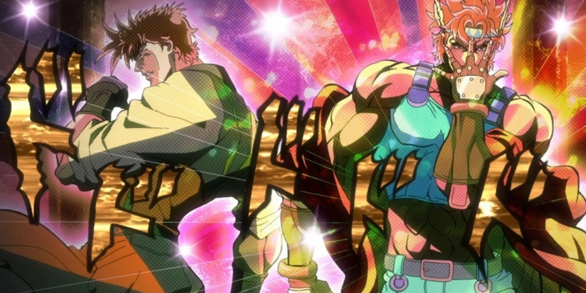 Joseph Joestar và Caesar Zeppeli tạo dáng tựa lưng, thể hiện sự đối đầu và tin cậy