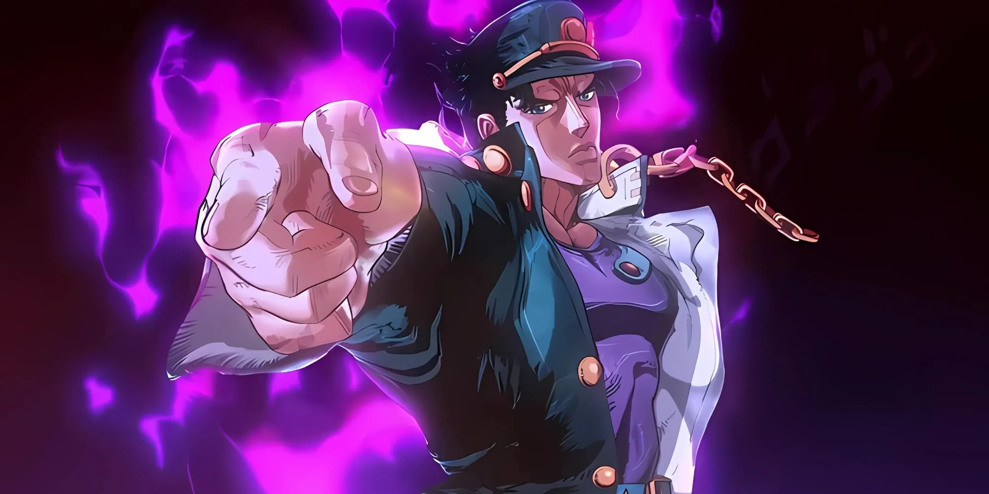 Jotaro Kujo với tư thế chỉ ngón tay phán quyết, thể hiện sự quyết đoán lạnh lùng
