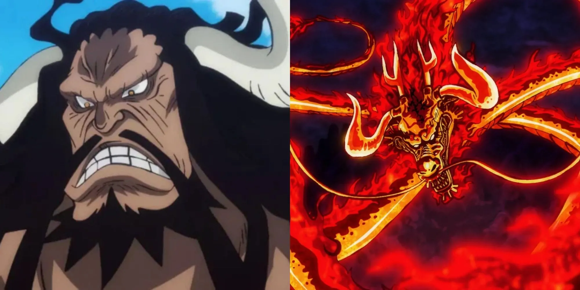 Kaido trong dạng rồng lửa sử dụng Kaen Hakke đối đầu Luffy