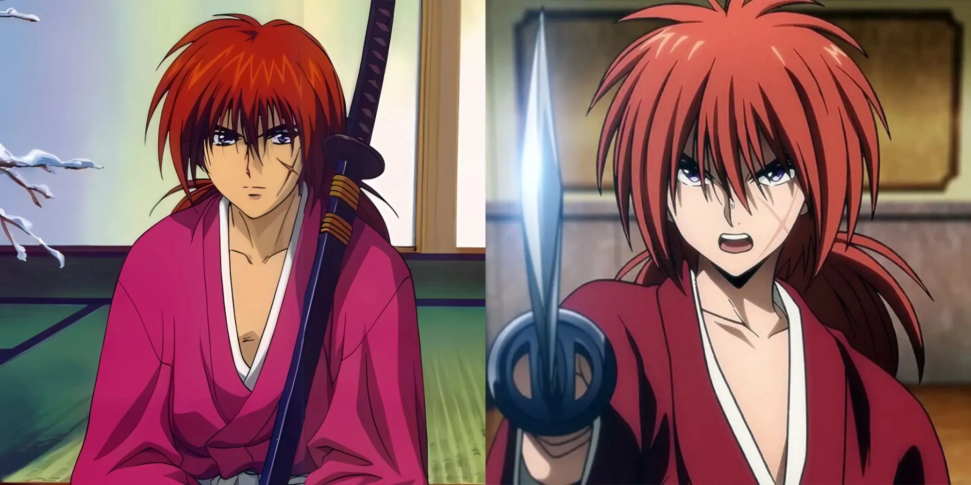 Kenshin Himura trong OVA Rurouni Kenshin: Trust &amp; Betrayal với vết sẹo chữ thập và thanh kiếm