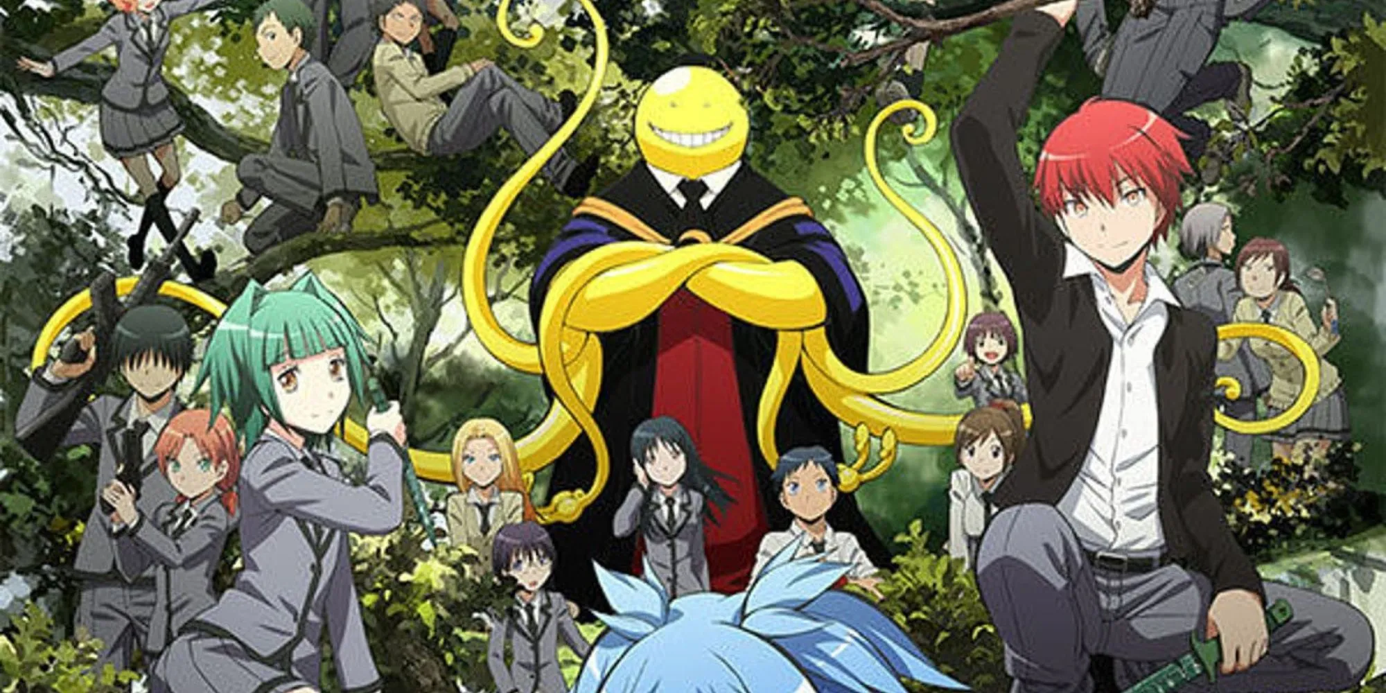 Koro-sensei với nụ cười đặc trưng, đang đứng trước Lớp 3-E trong lớp học Ám Sát