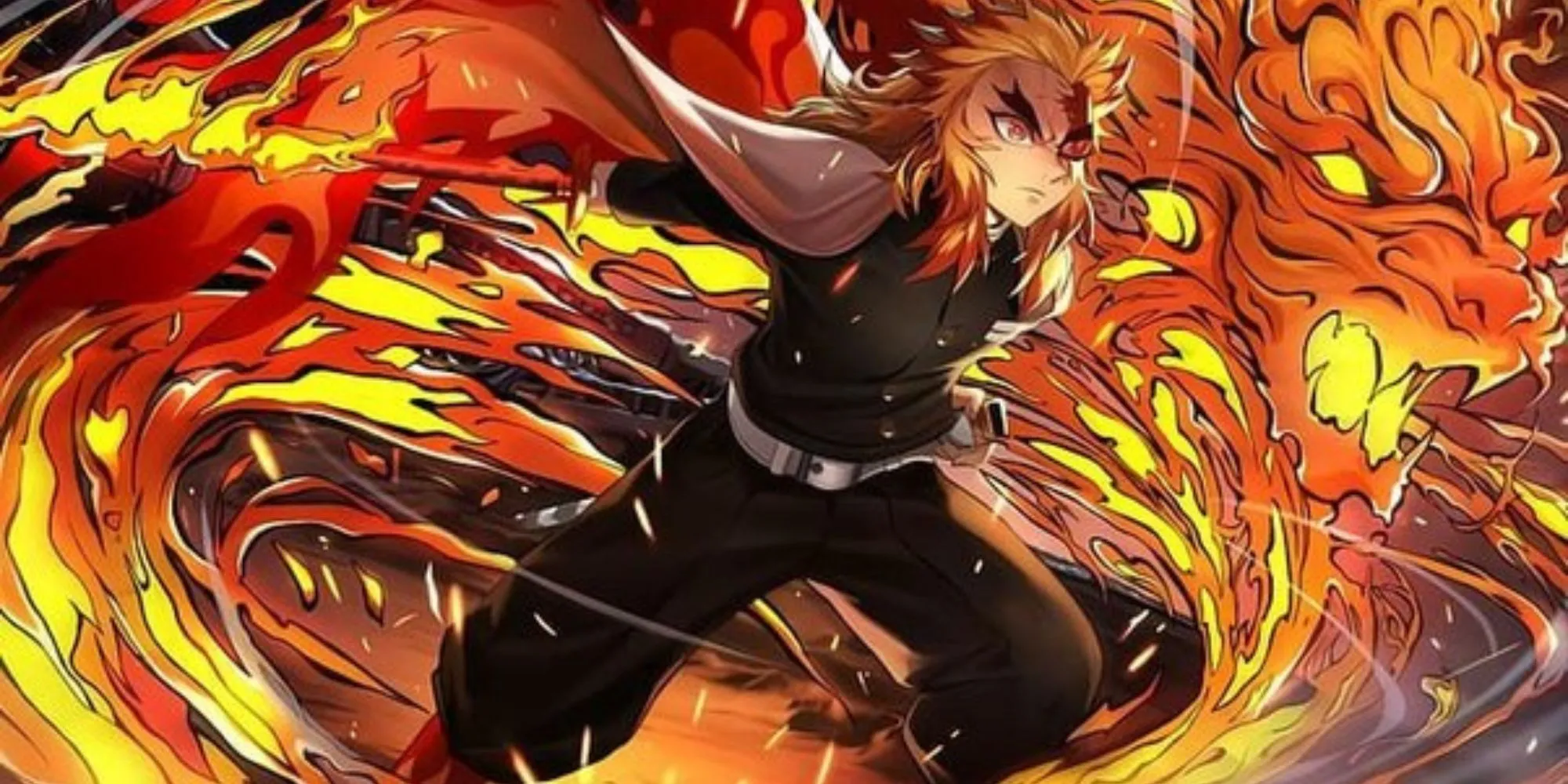 Kyojuro Rengoku, Trụ Cột Viêm, sử dụng Hơi Thở Của Lửa với khí thế mạnh mẽ.