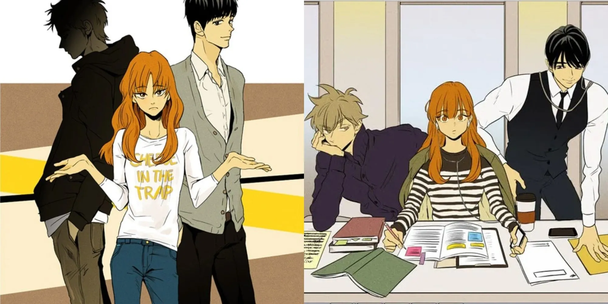 Minh họa webtoon Cheese in the Trap của SoonKki, với Hong Seol và Yoo Jung