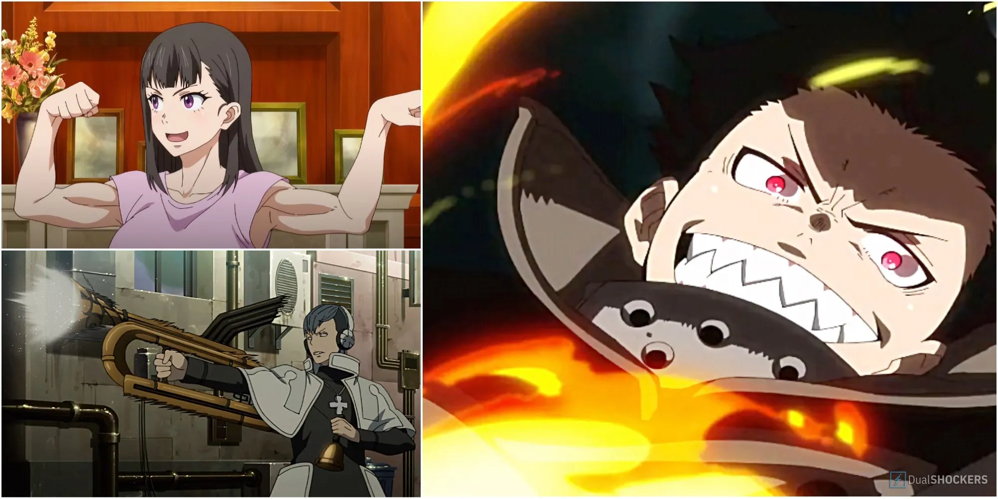 Một số nhân vật chính nổi bật trong Fire Force: Maki, Kareem, và Shinra