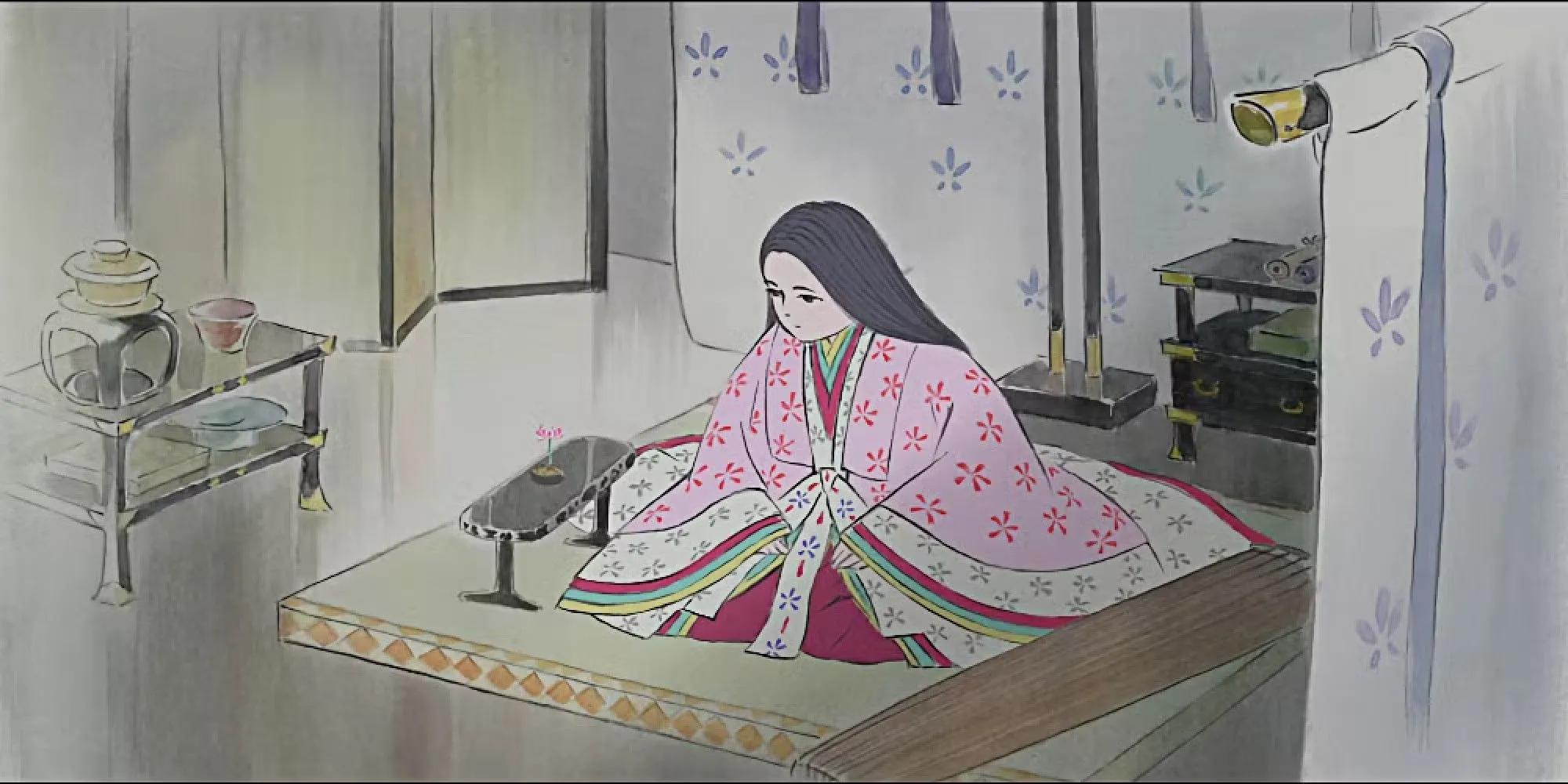 Nàng Kaguya với nụ cười tươi giữa khung cảnh thiên nhiên trong Truyền thuyết về công chúa Kaguya