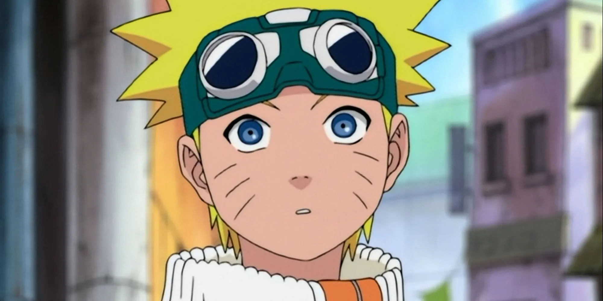 Naruto Uzumaki thời trẻ đứng ở làng Lá Konoha, ánh mắt kiên định