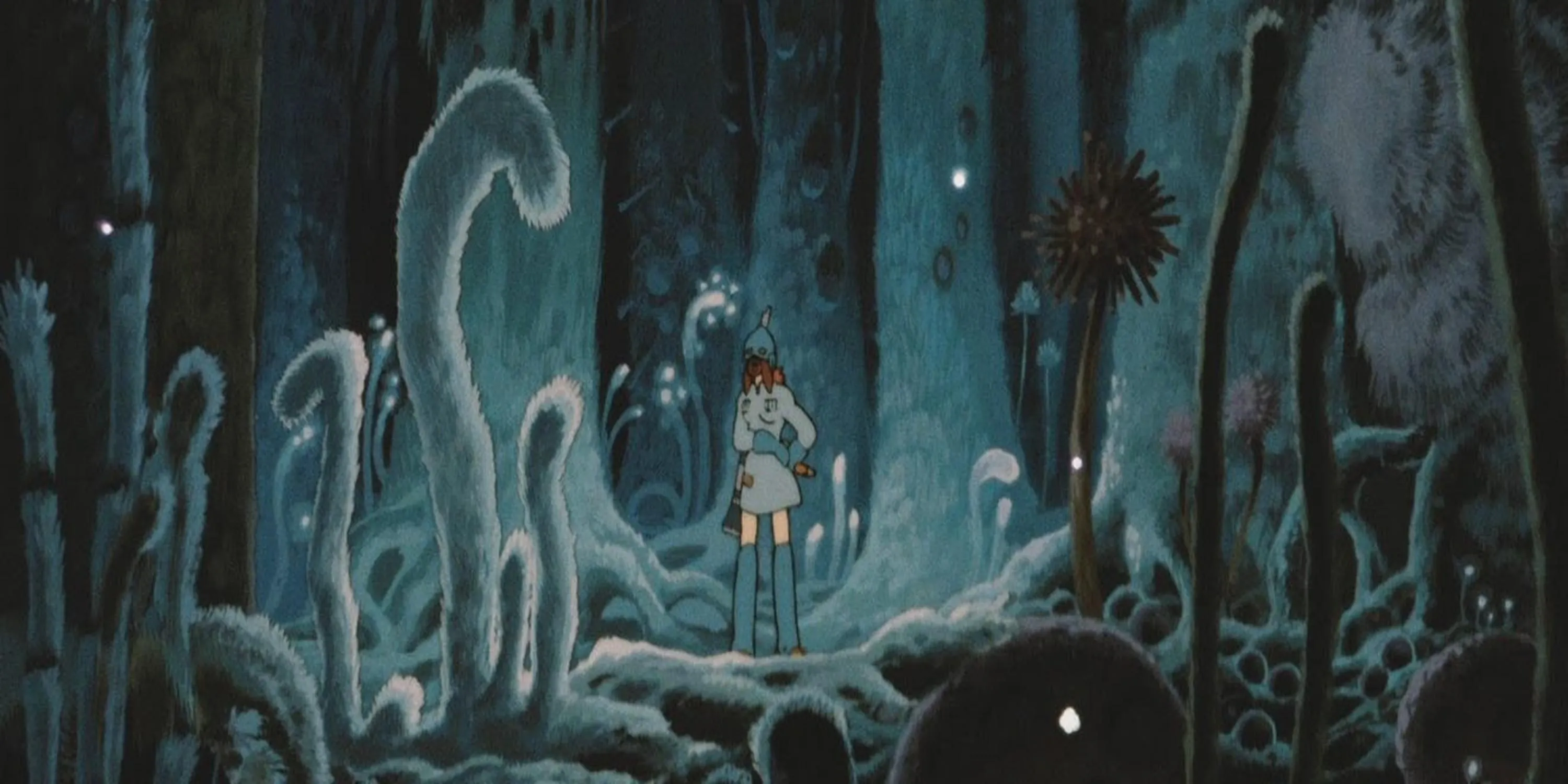 Nausicaä bay trên tàu lượn của mình giữa Rừng Độc đầy nấm và côn trùng khổng lồ trong phim Nausicaä của Thung lũng gió