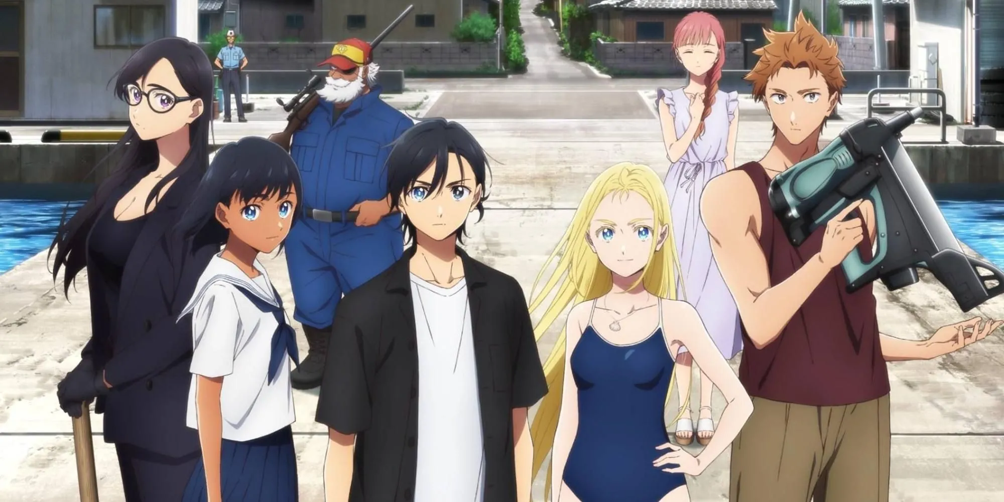 Nhân vật chính Shinpei Ajiro và những người bạn trên hòn đảo trong anime Summer Time Rendering