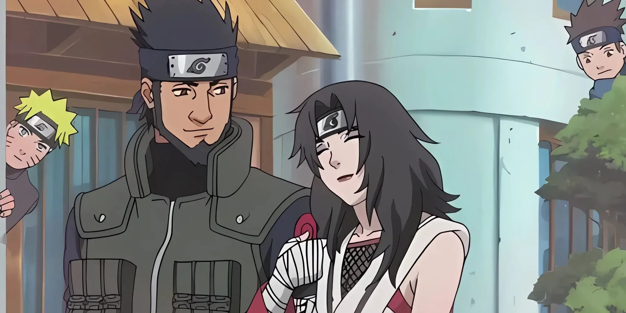 Nữ Jonin Kurenai Yuhi và Asuma Sarutobi đi cùng nhau, Naruto và Konohamaru lén theo dõi