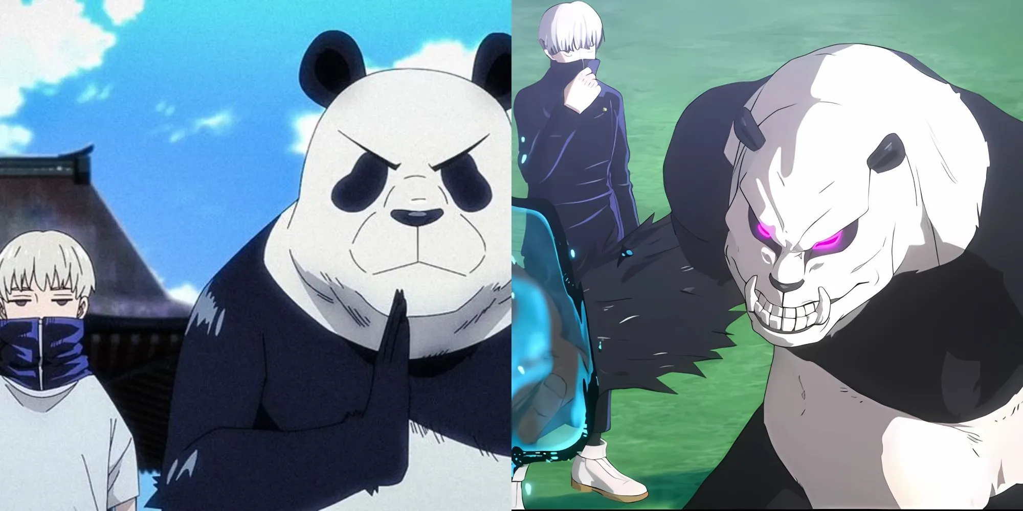 Panda và Toge Inumaki phối hợp chiến đấu, Panda dùng sức mạnh còn Toge sử dụng Chú Ngôn.