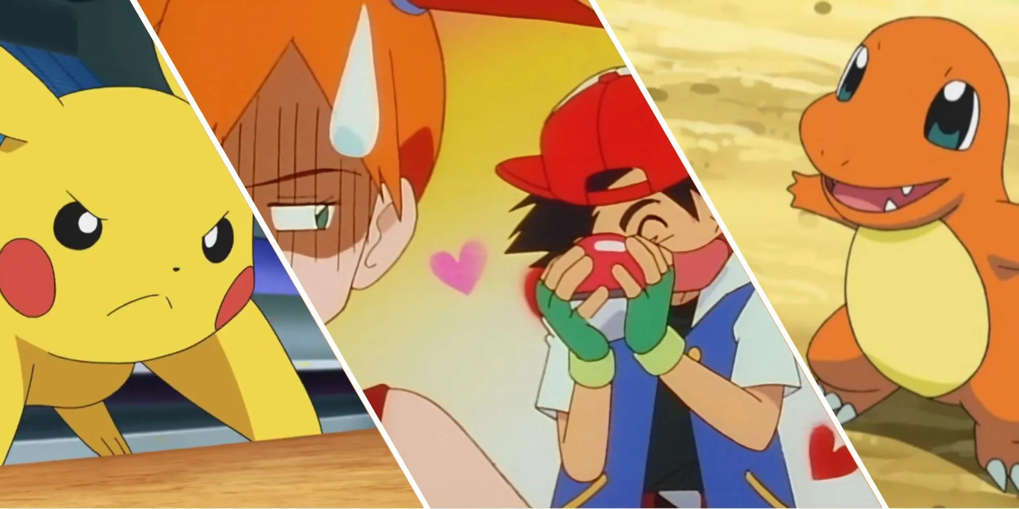 Pikachu, Ash, Misty, và Charmander trong một cảnh phim hoạt hình Pokémon