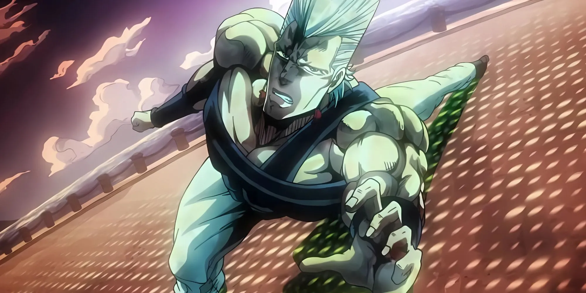 Polnareff với tư thế nghiêng người phi lý, tay cầm kiếm chém gió