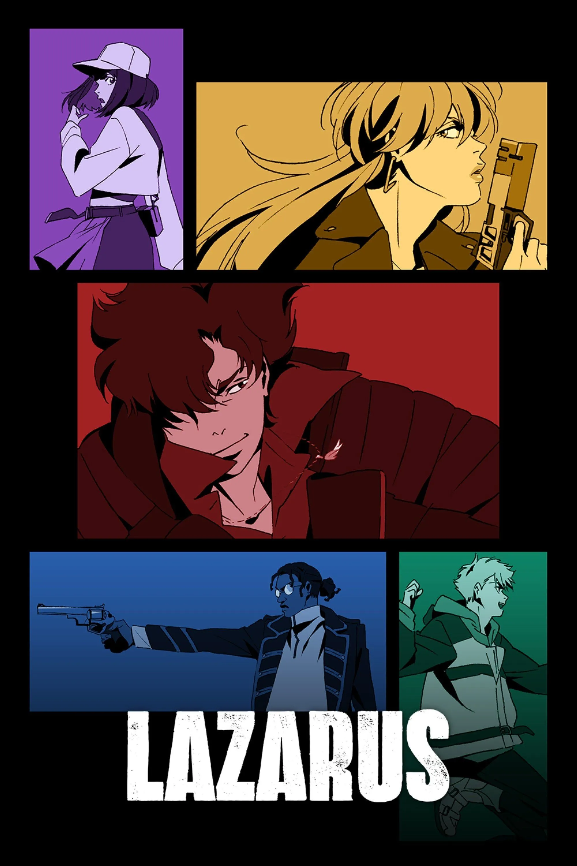 Poster chính thức của anime Lazarus, giới thiệu các thành viên đội đặc nhiệm