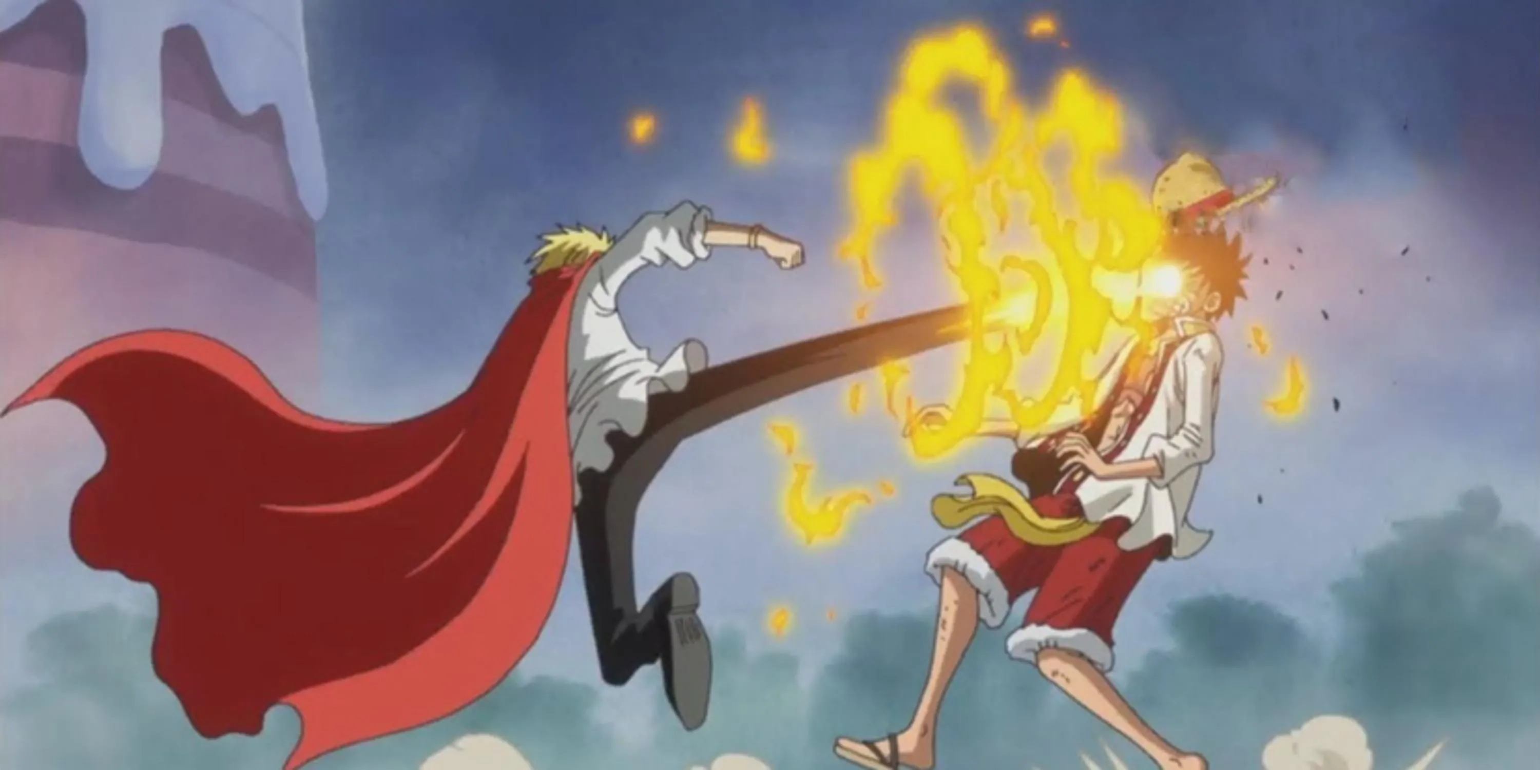 Sanji đau đớn đá vào mặt Luffy tại Đảo Bánh