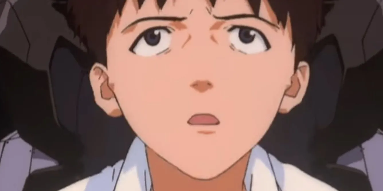 Shinji Ikari trong Neon Genesis Evangelion với biểu cảm phức tạp, đại diện cho cuộc đấu tranh tâm lý để chấp nhận con người thật của mình