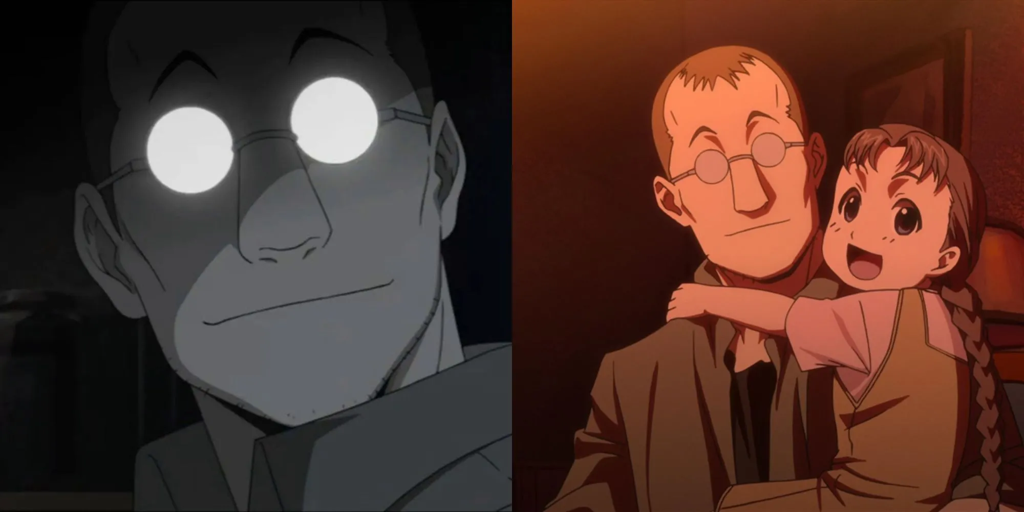 Shou Tucker từ Fullmetal Alchemist: Brotherhood nhìn với vẻ mặt đầy ẩn ý