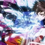 Shu Ouma sử dụng sức mạnh Void Genome trong Guilty Crown với cảnh nền bị tàn phá