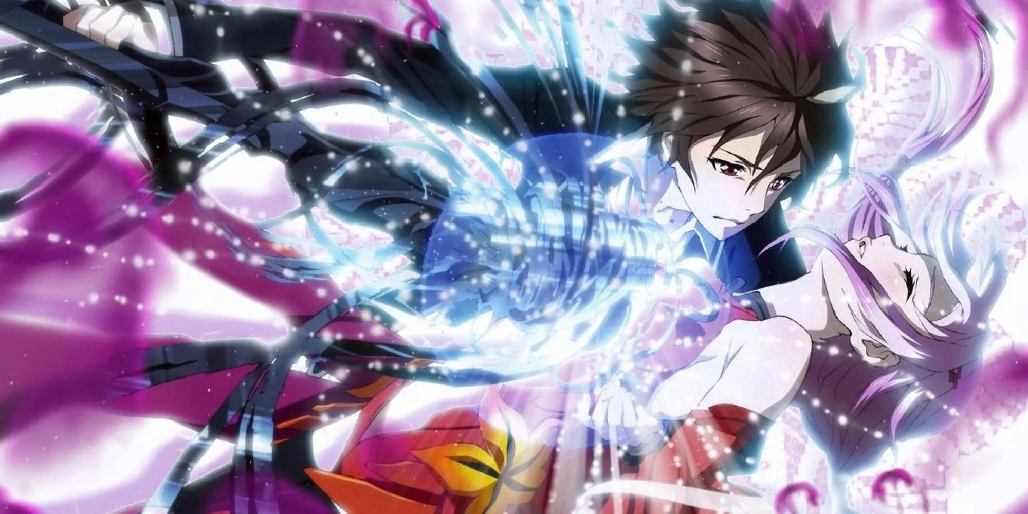 Shu Ouma sử dụng sức mạnh Void Genome trong Guilty Crown với cảnh nền bị tàn phá