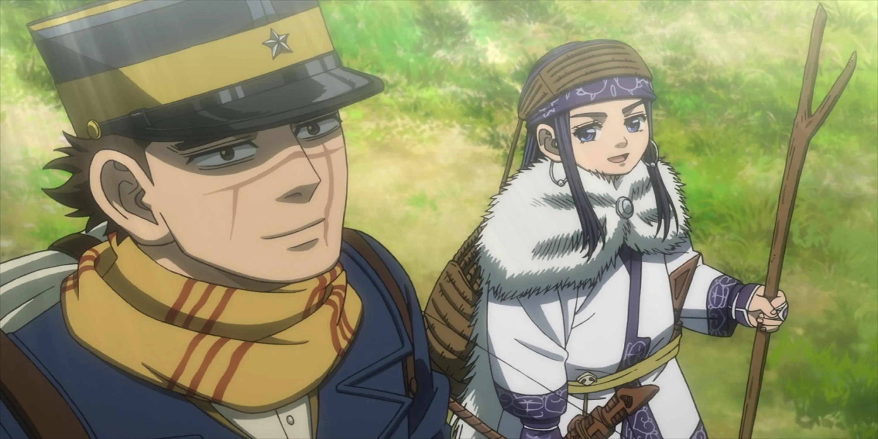 Sugimoto Bất Tử và Asirpa trong một cảnh săn bắn giữa vùng tuyết trắng ở Golden Kamuy