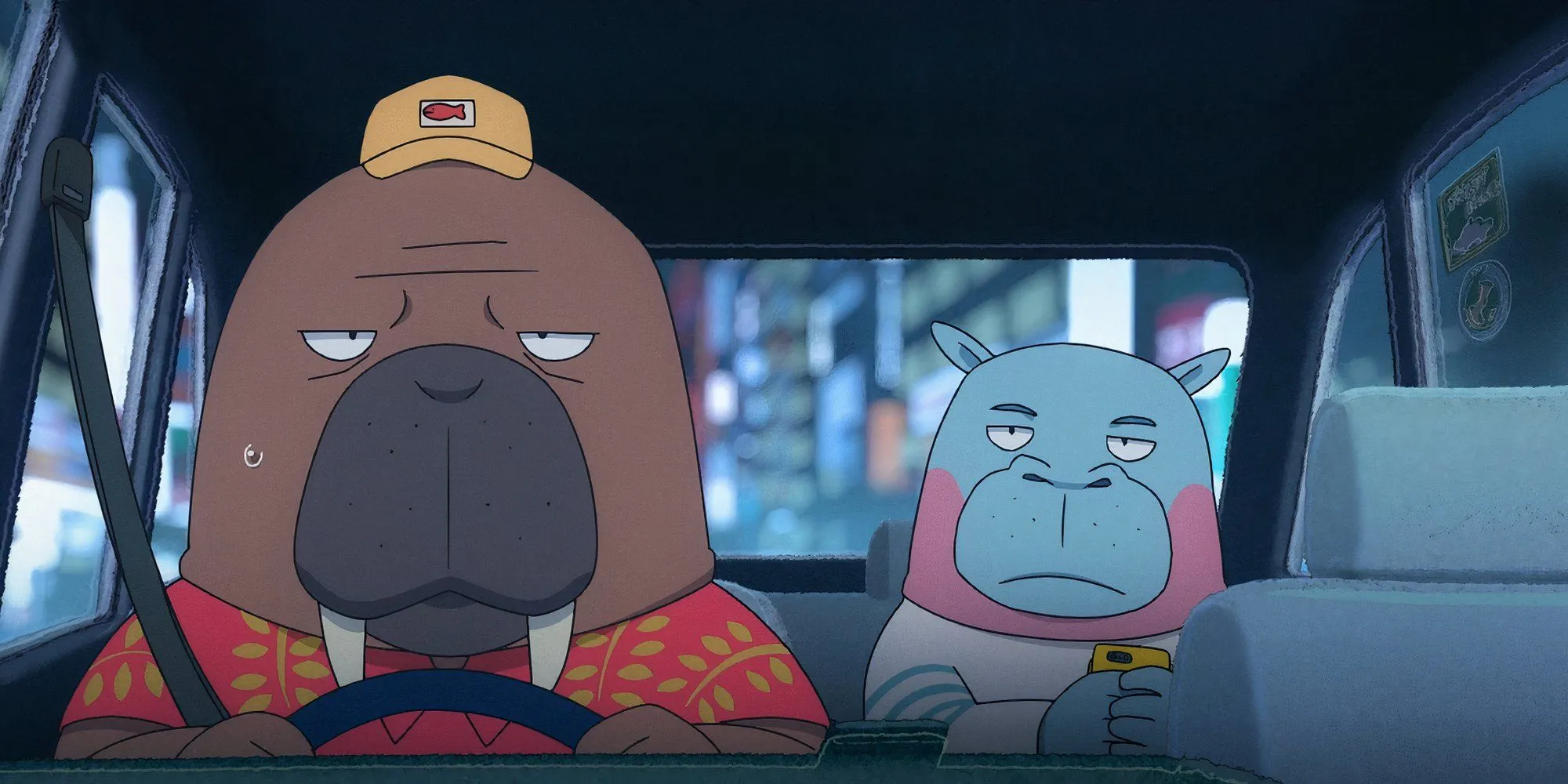 Tài xế Odokawa với hành khách Taichi Kabasawa trong anime Odd Taxi