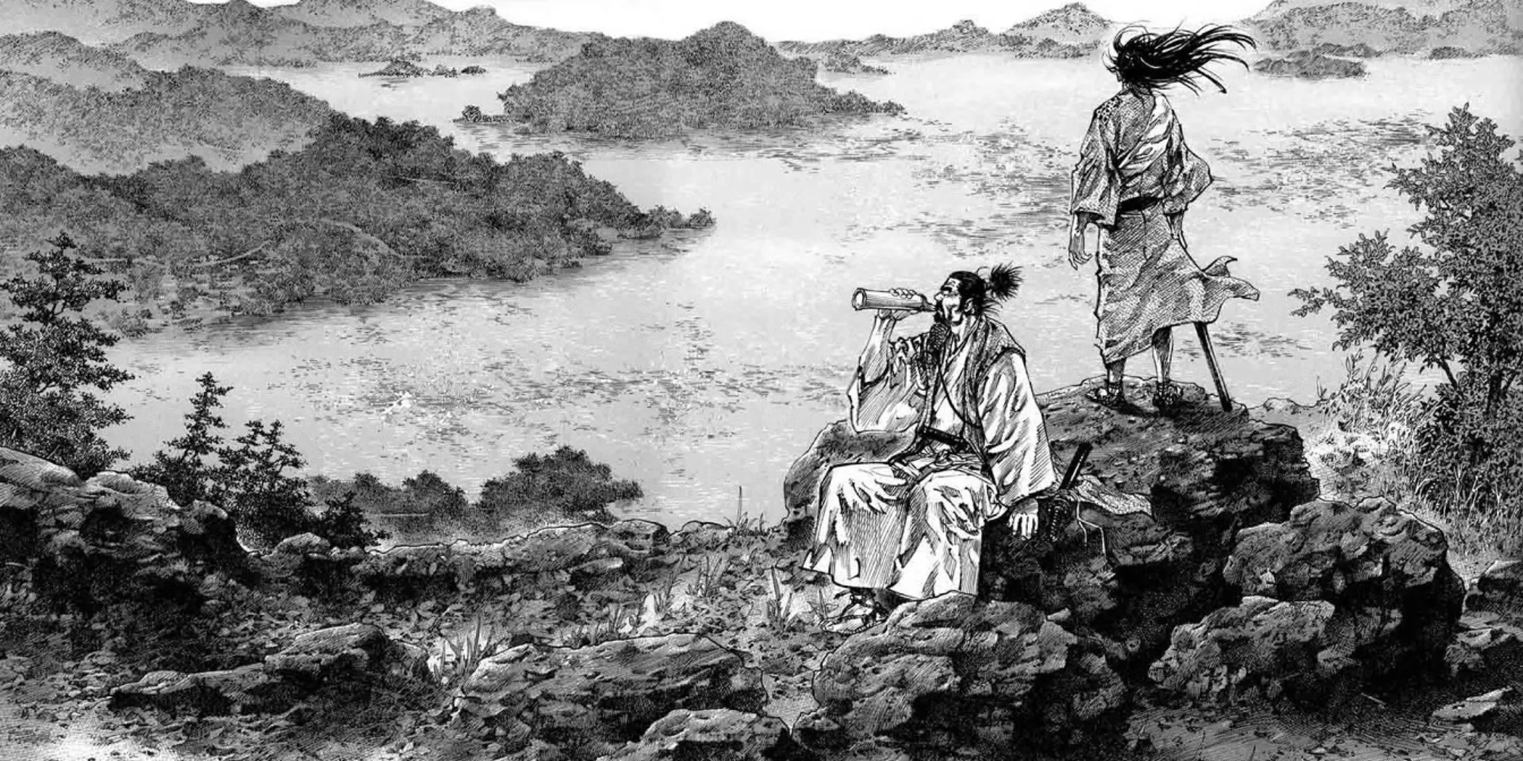 Tranh vẽ Musashi Miyamoto trong manga Vagabond của Takehiko Inoue, nổi bật nét vẽ đỉnh cao