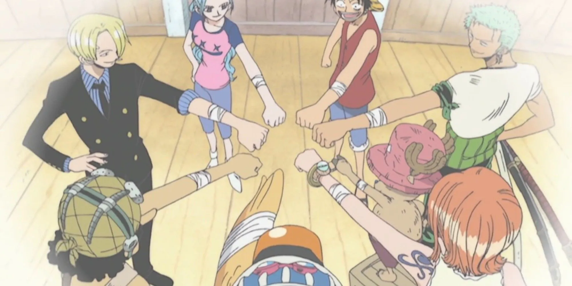 Vivi và băng Mũ Rơm giơ tay với dấu X biểu tượng lời hứa ở Alabasta trong One Piece