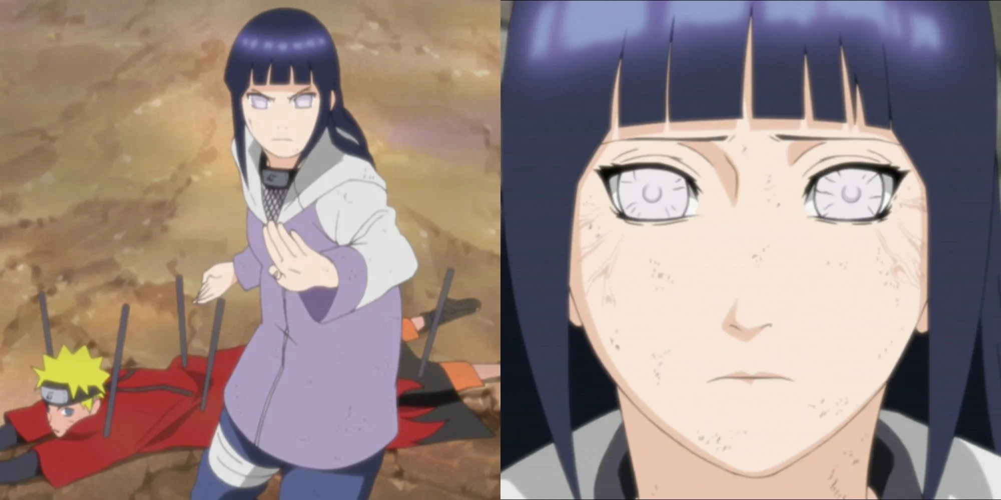 Pain đứng trên đổ nát làng Lá nhìn Hinata