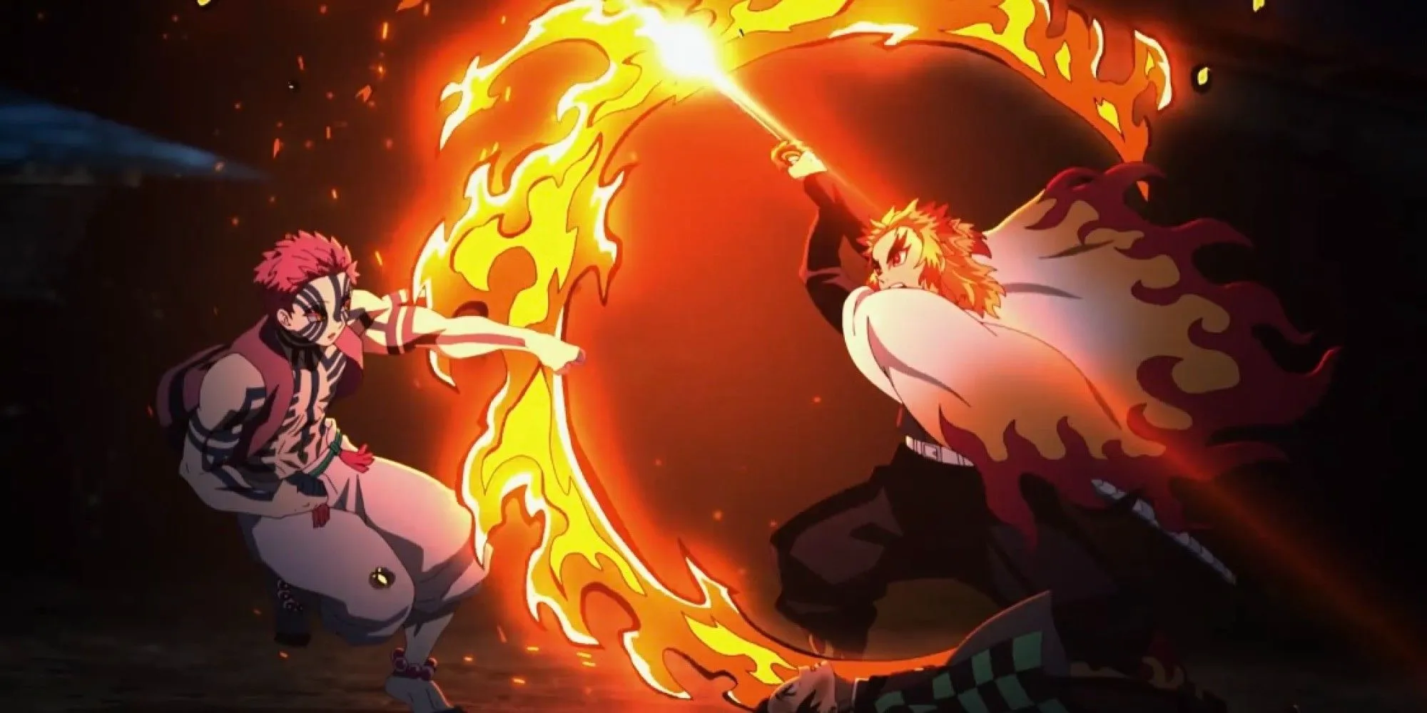 Viêm Trụ Rengoku Kyojuro đối đầu với Thượng Huyền Tam Akaza trên Chuyến Tàu Vô Tận