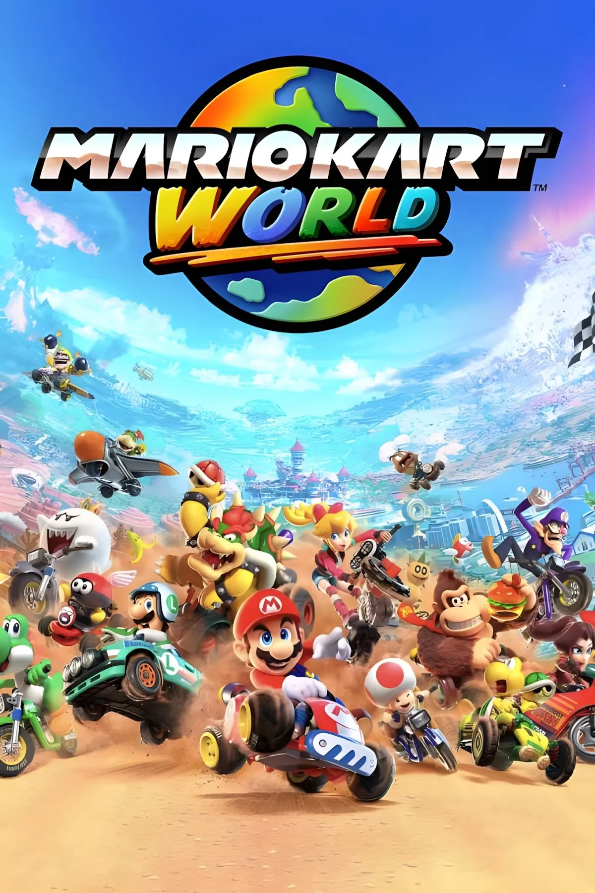 Ảnh bìa chính thức với logo Mario Kart World, biểu tượng của tựa game đua xe đình đám.