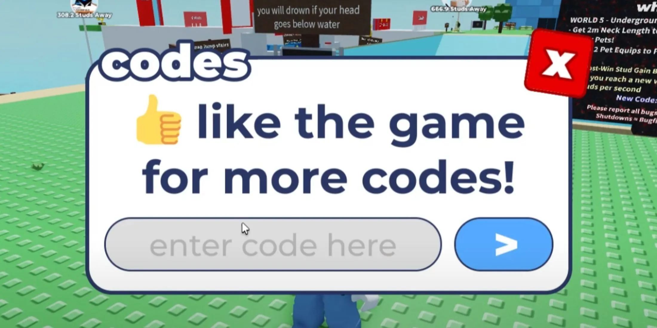 Giao diện đổi mã code trong game Every Second Your Neck Grows, hiển thị nút Codes và ô nhập liệu